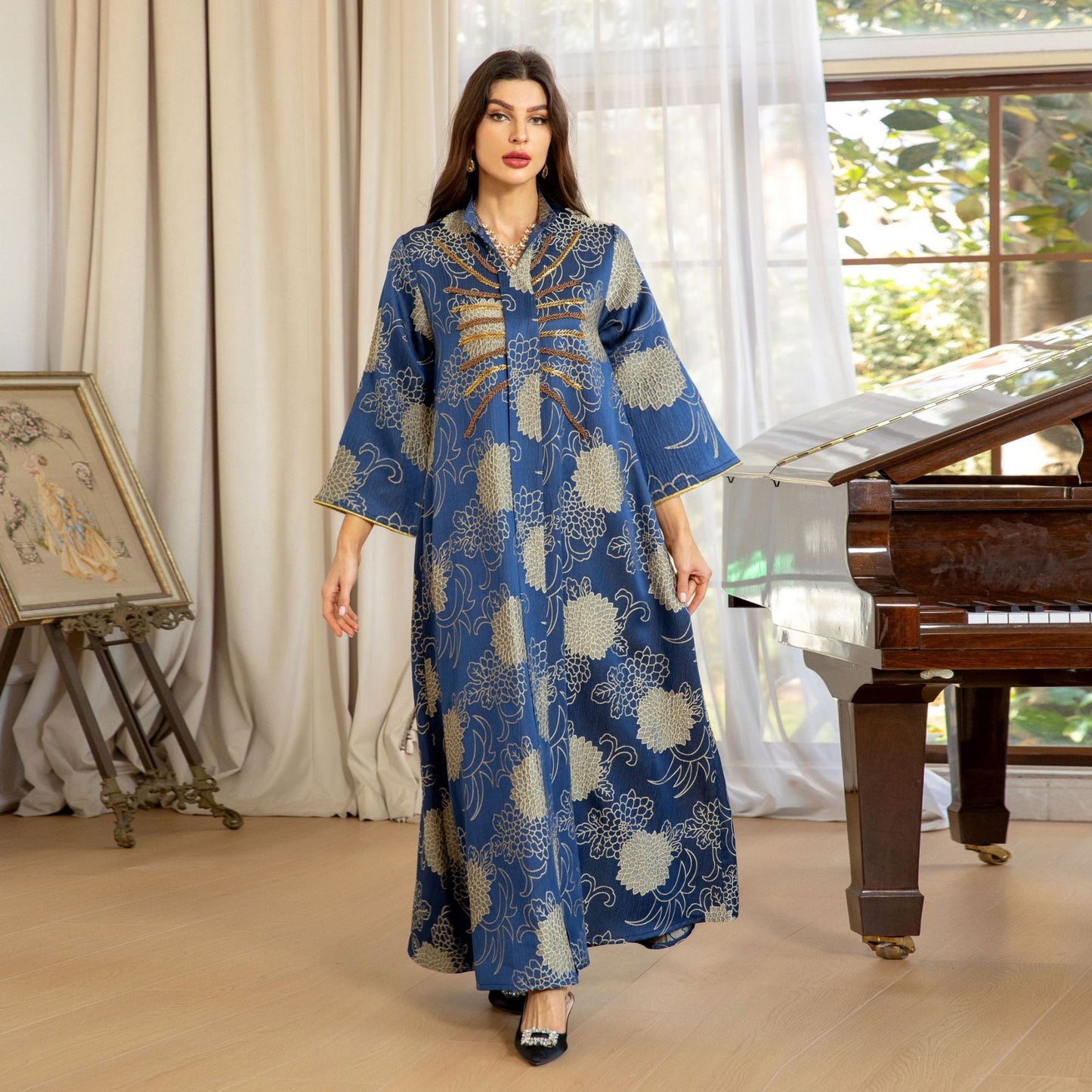 Women's Muslim Robe Dress Jacquard Beaded Clothing