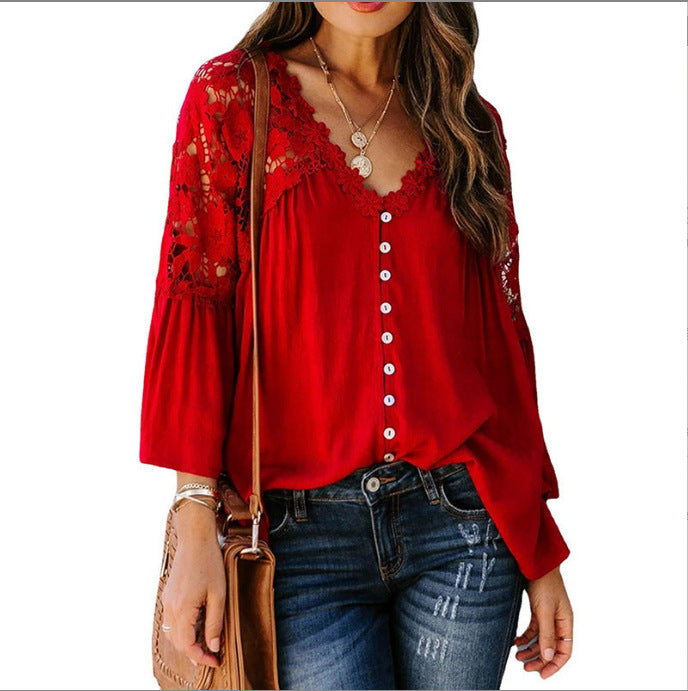 Women's Lace Shirt Solid Color V Sexy Blouses