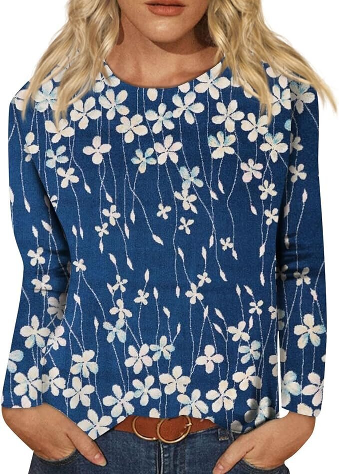 Women's Round Neck Long Sleeve Loose Print Blouses
