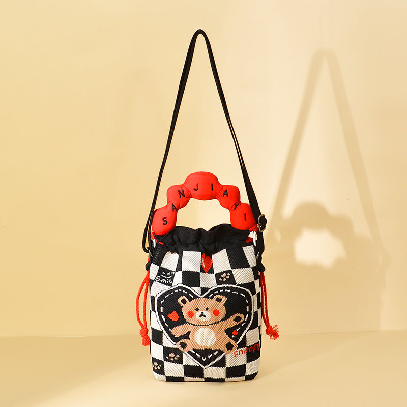 Woven Jacquard Female Drawstring Pocket Cartoon Knitted Wool Flying Phone Bags
