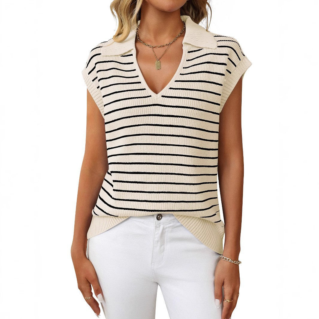 Women's Summer Knitted Casual Striped Lapel Sweaters