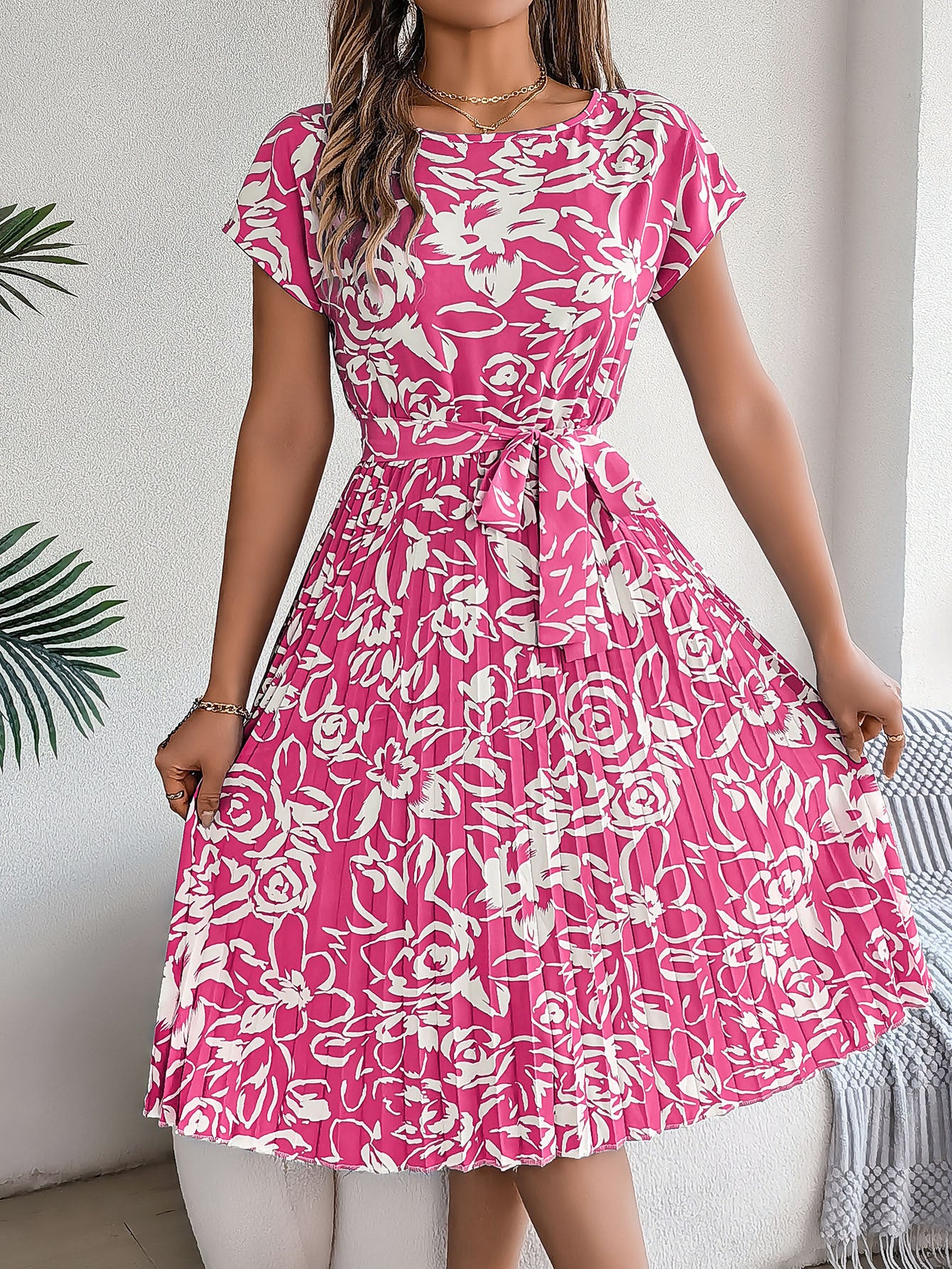 Slouchy Casual Sleeve Floral Print Pleated Dresses