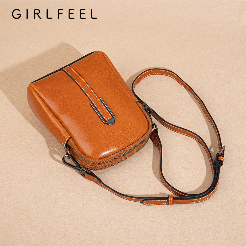 Women's Trendy Vintage Oil Wax Cowhide Double Crossbody Bags