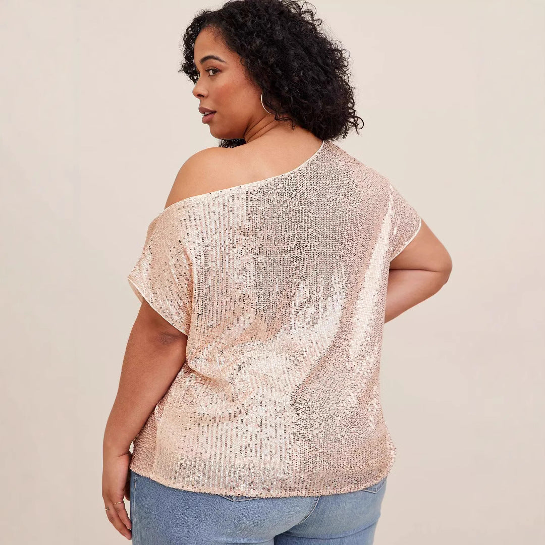 Women's Glitter Sequin Diagonal Collar Sleeve High-grade Blouses