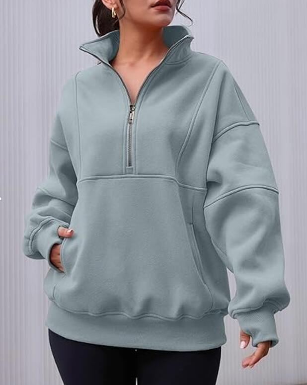Women's Zipper Patchwork Pocket Brushed Hoody Loose Sweaters