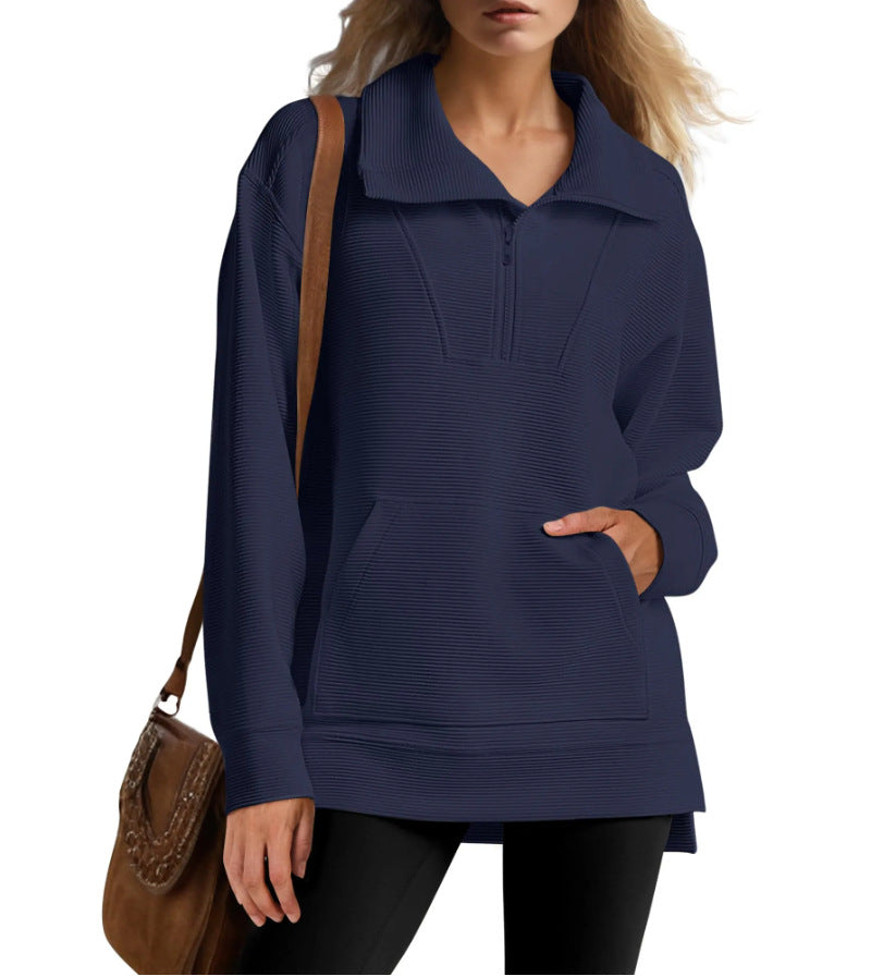 Color Half Zipper Lapel Loose Casual Sweaters