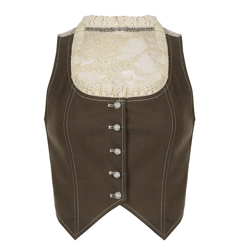 Women's Breasted Lace Stitching Sexy Low-cut Scoop Vests