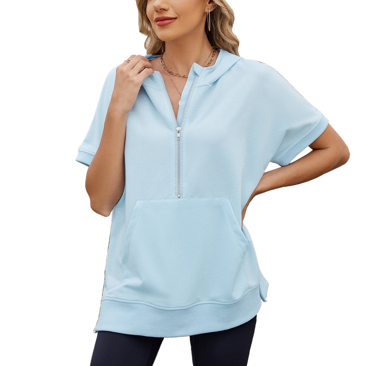 Hooded Loose Sleeve Zipper Pocket Thin Sweaters