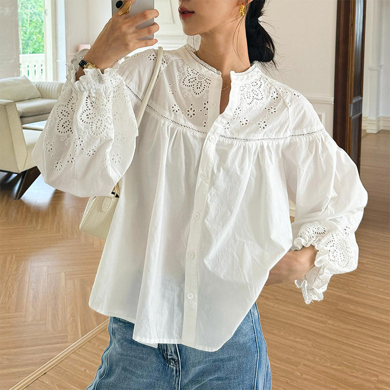 Women's French Embroidery White Shirt Long Sleeve Temperament Blouses