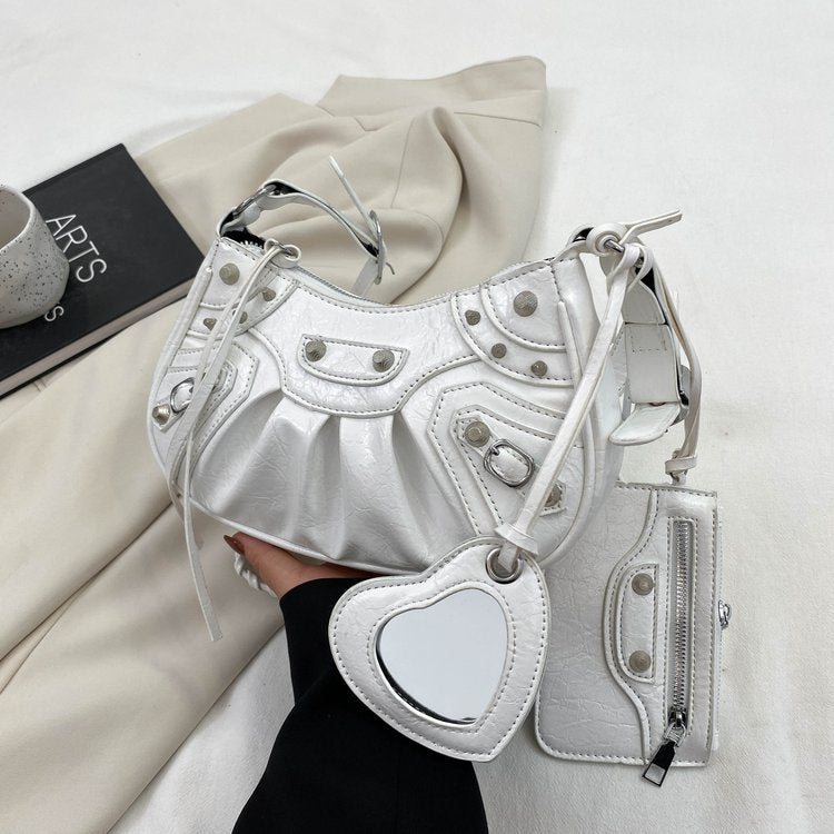 Women's Underarm Retro Rivet Motorcycle Pleated Crescent Crossbody Bags