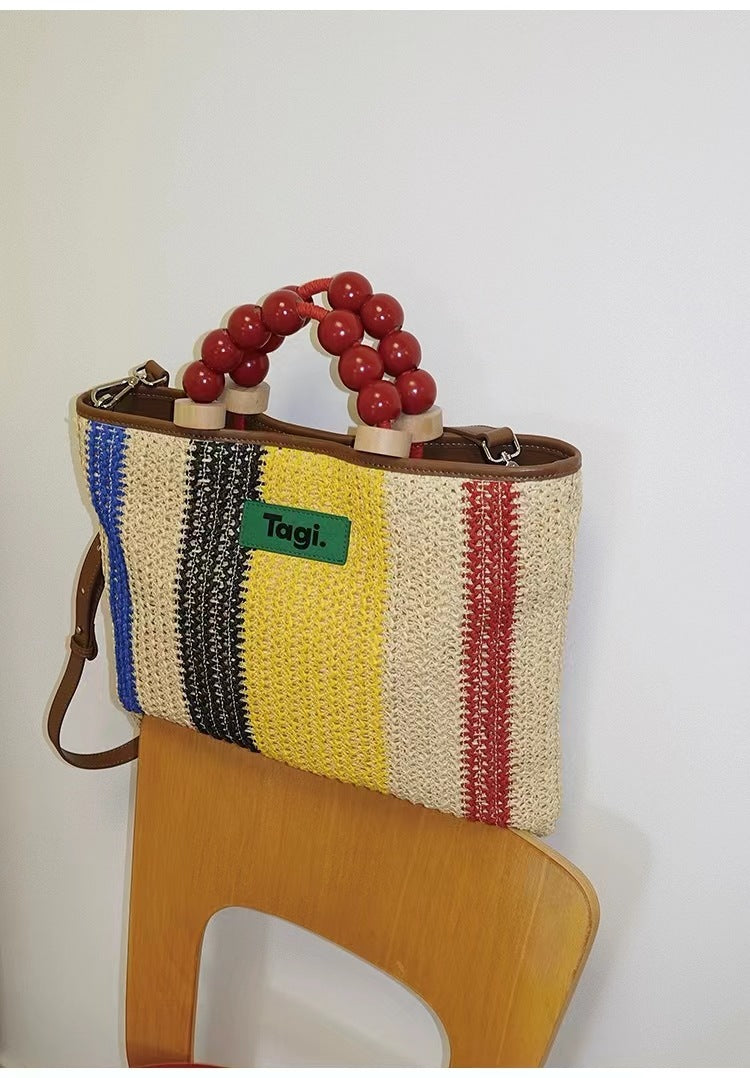 Sugar Gourd Contrast Color Striped Woven Shoulder Bags