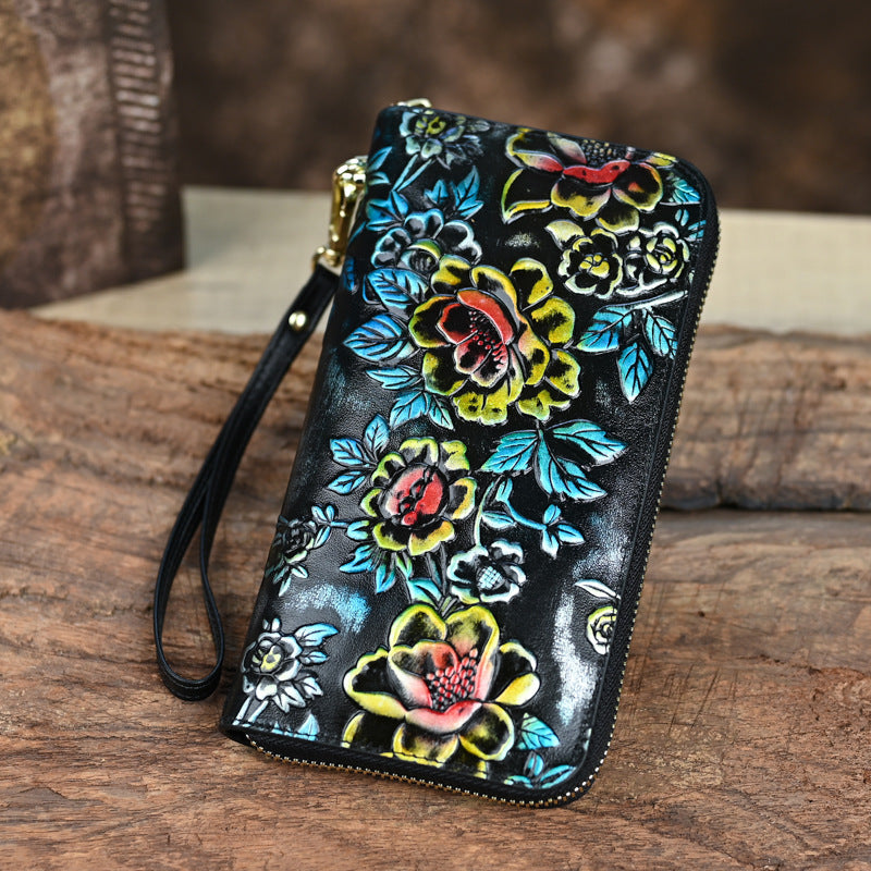 Women's Large Capacity Fashion Embossed Handmade Coloring Ladies Wallet