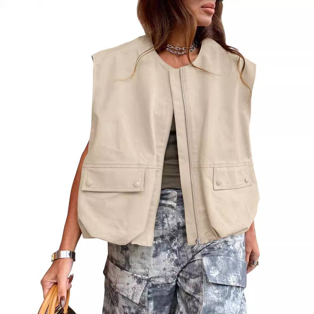 Women's Sleeveless Pocket Loose-fitting Waistcoat Solid Color Cardigans