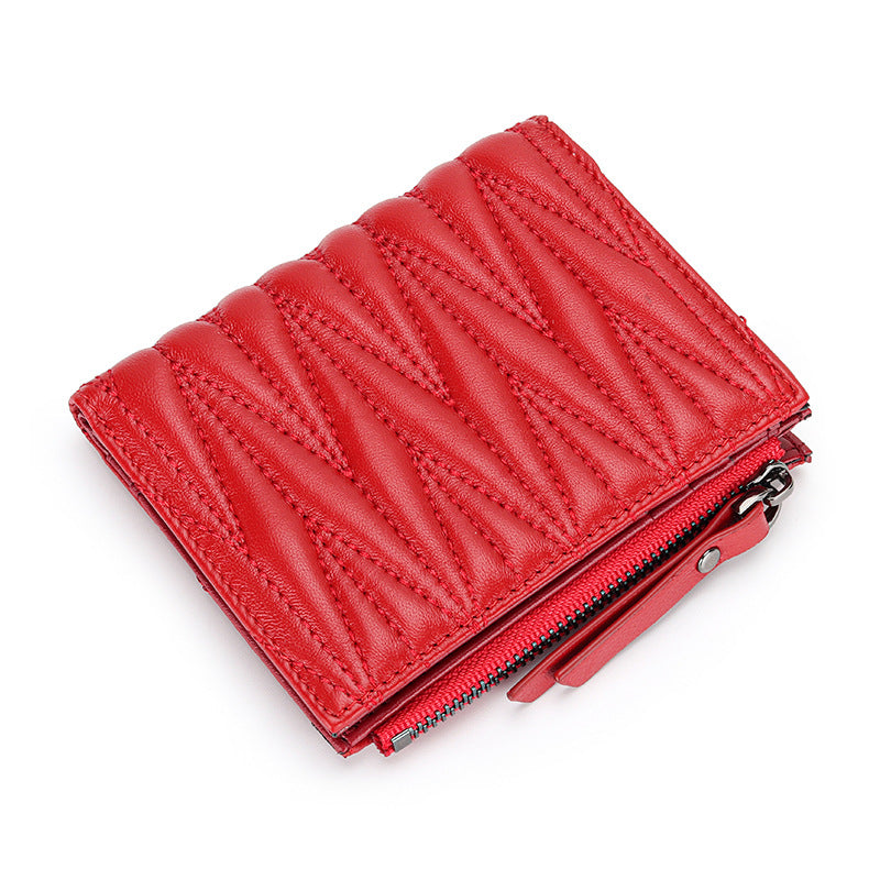 Women's Sheepskin Pleated Vertical Fashion Embroidery Short Ladies Wallets