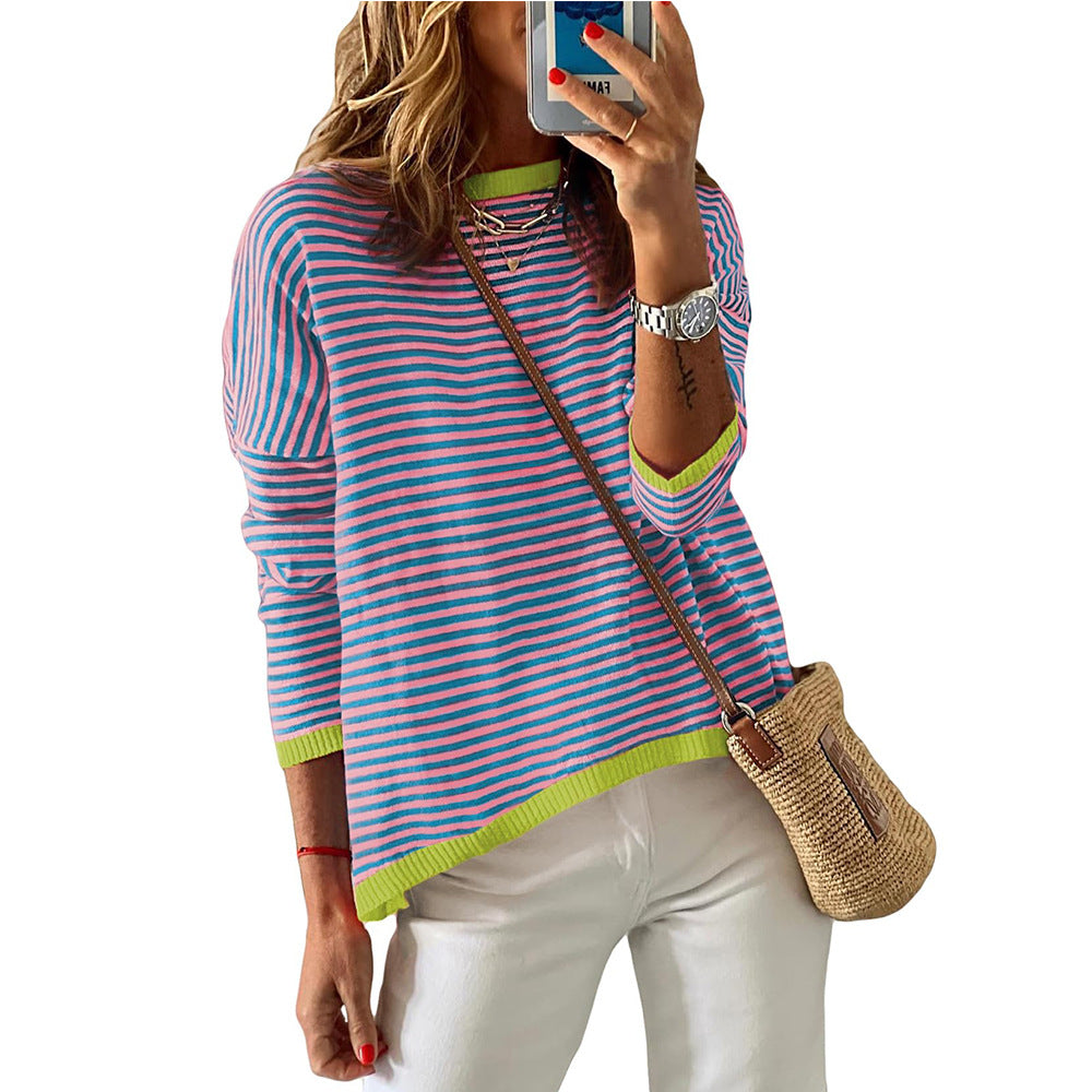 Women's Round Neck Striped Contrast Color Long Sweaters