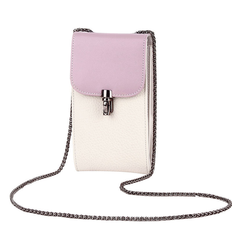 Women's Simple Contrast Color Design Chain Genuine Phone Bags