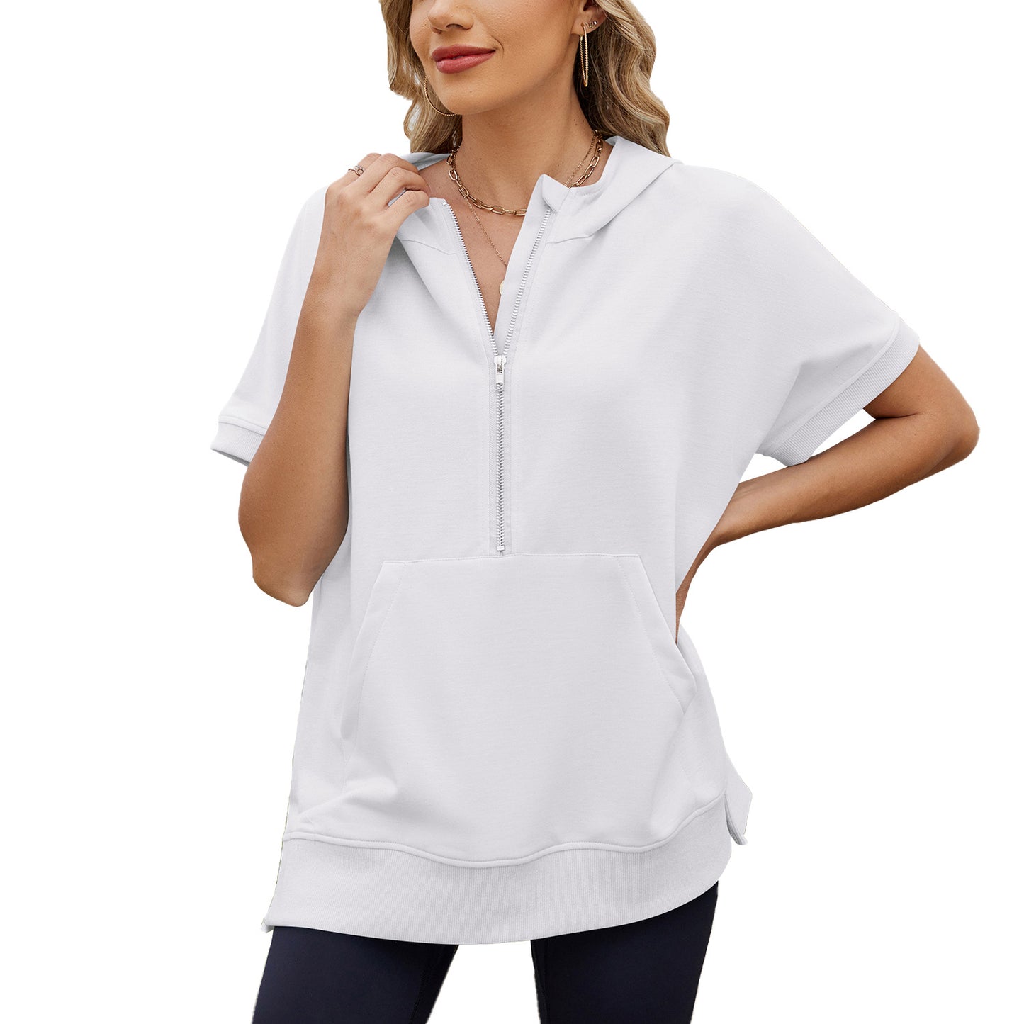 Hooded Loose Sleeve Zipper Pocket Thin Sweaters