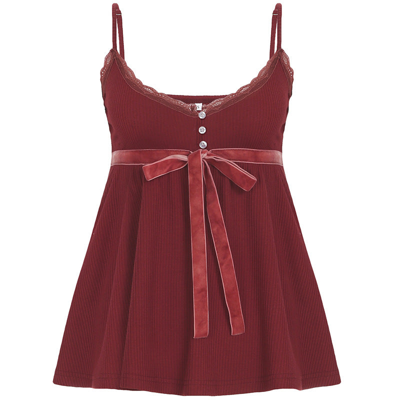 Waffle Red Square Collar Doll Suspender Tops