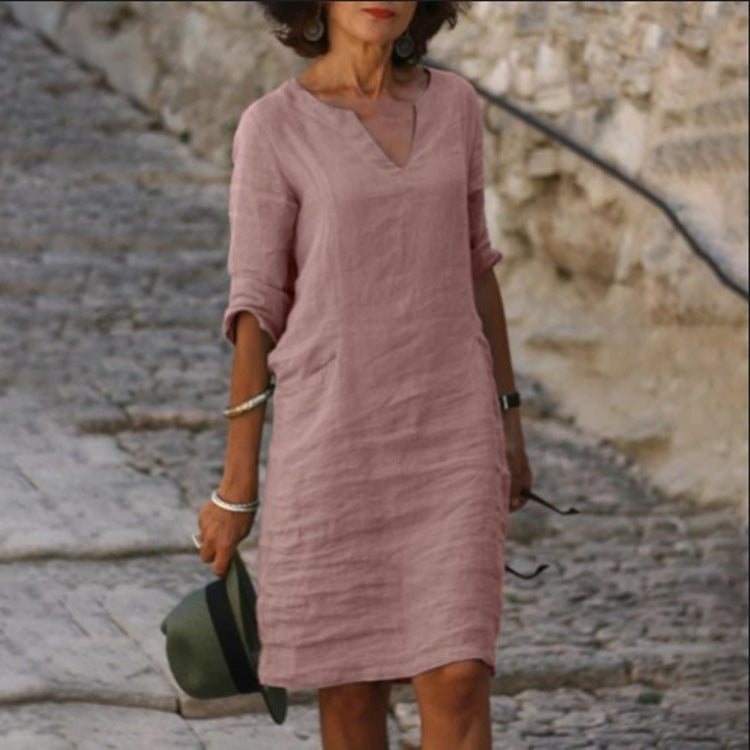 Women's Cotton Linen Solid Color Slim Fit Dresses