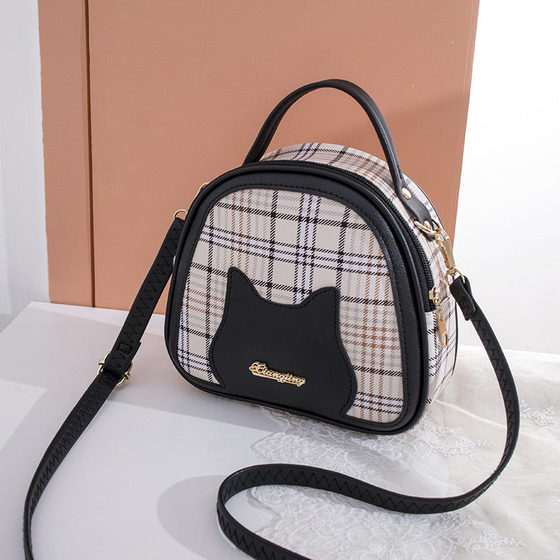Women's Plaid Contrast Color Cat Face Letter Label Portable Shoulder Bags