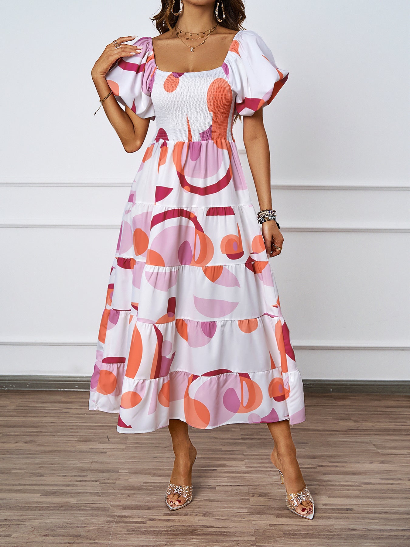 Women's Summer Elegant Printed Pettiskirt Puff Sleeve Dresses