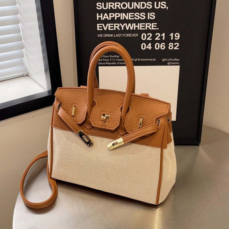 Women's Trendy Canvas Fashionable Lychee Pattern Contrast Shoulder Bags