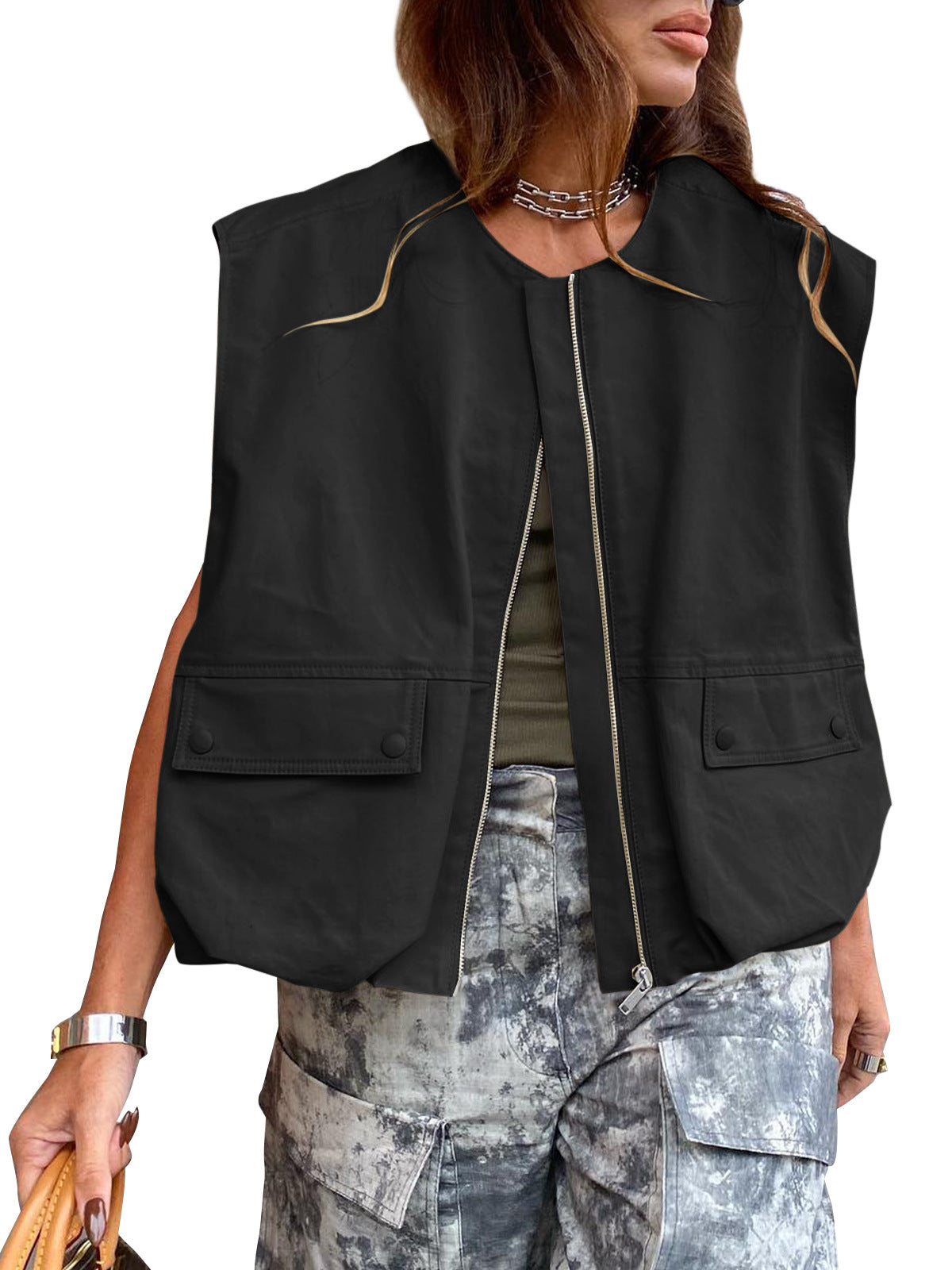 Women's Sleeveless Pocket Loose-fitting Waistcoat Solid Color Cardigans