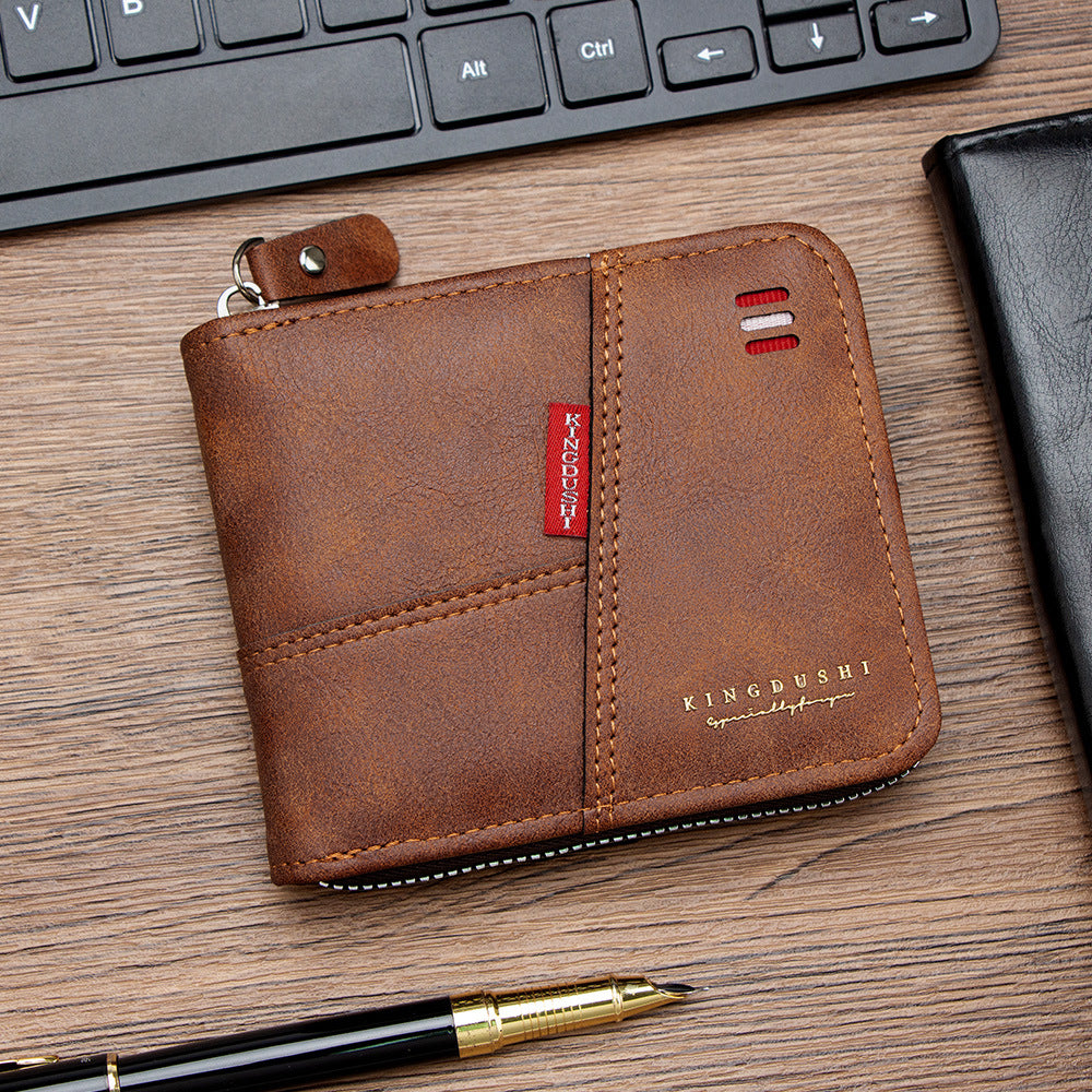 Men's Oil Wax Leather Stitching Short Multiple Slots Scarf Hinge Men's Wallet
