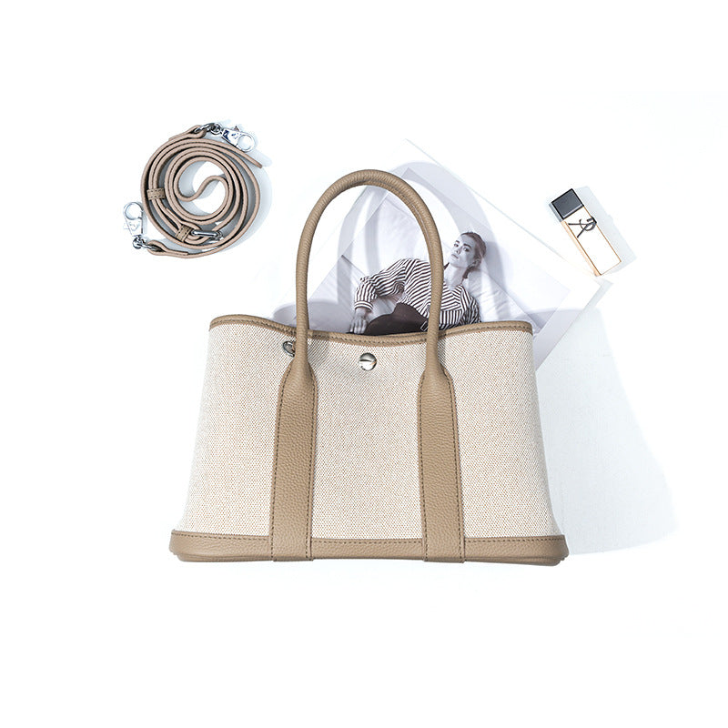 Women's Layer Cowhide Large Capacity Canvas Contrast Color Handbags