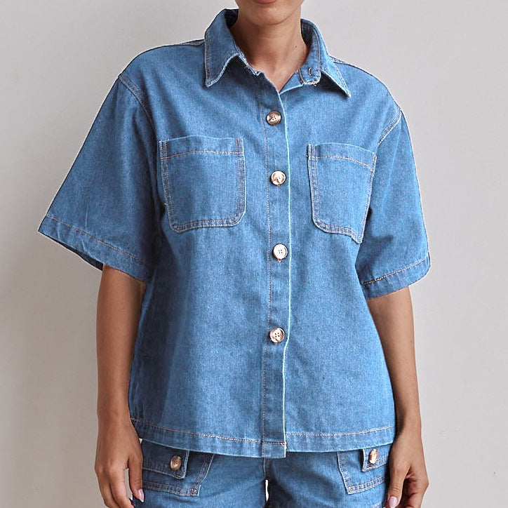 Women's Summer Casual Retro Loose Shirt Denim Suits