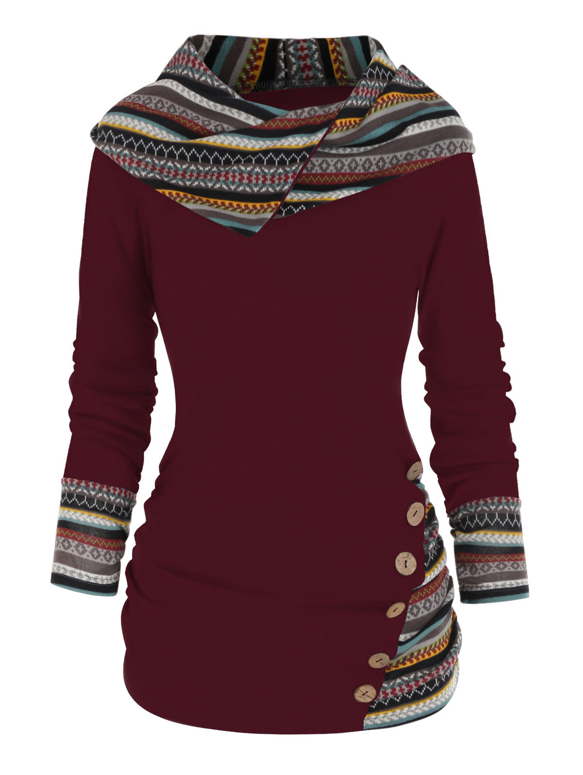 Women's Stitching Hooded Knitted Long Sleeve Button Casual Sweaters