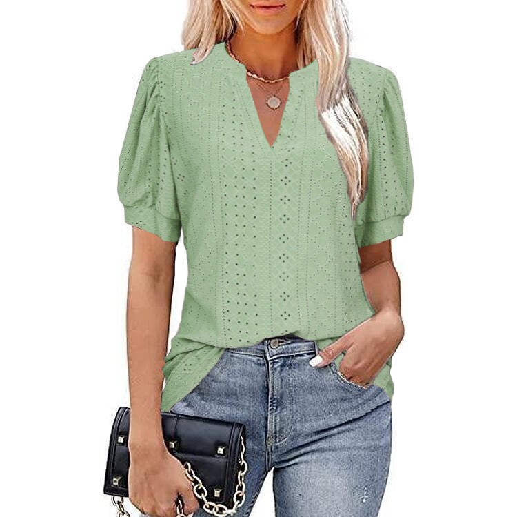 Casual Solid Color Hollow Puff Sleeve Blouses