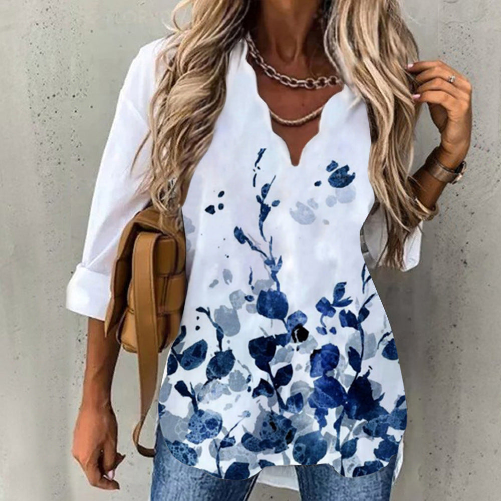 Women's Summer Temperament Wave Collar Shirt Printed Blouses