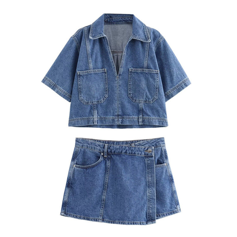 Women's Summer Denim Shirt Double Breasted Suits