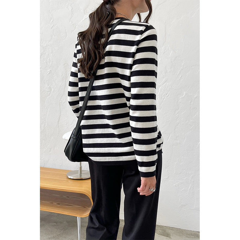Women's Round Neck Knitted Striped Spring Versatile Sweaters