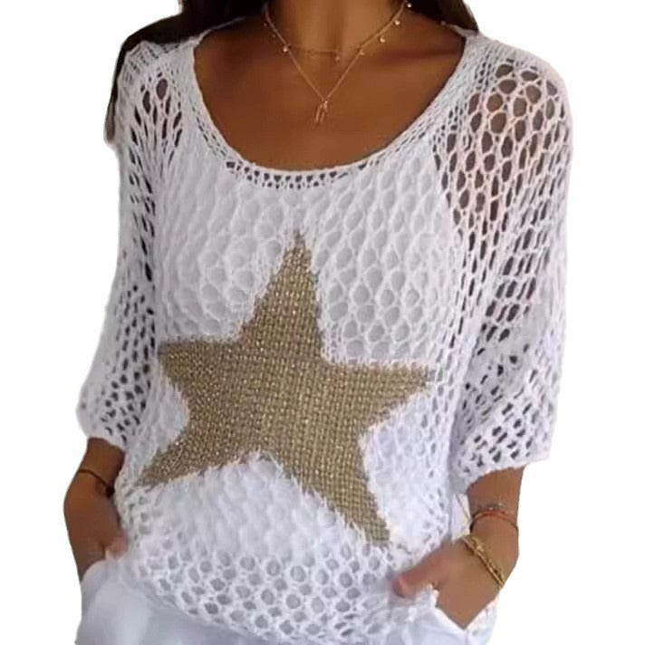 Women's Five-star Round Neck Commuter Elegant Cropped Sleeves For Sweaters