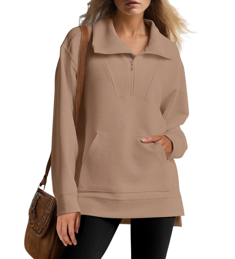 Color Half Zipper Lapel Loose Casual Sweaters