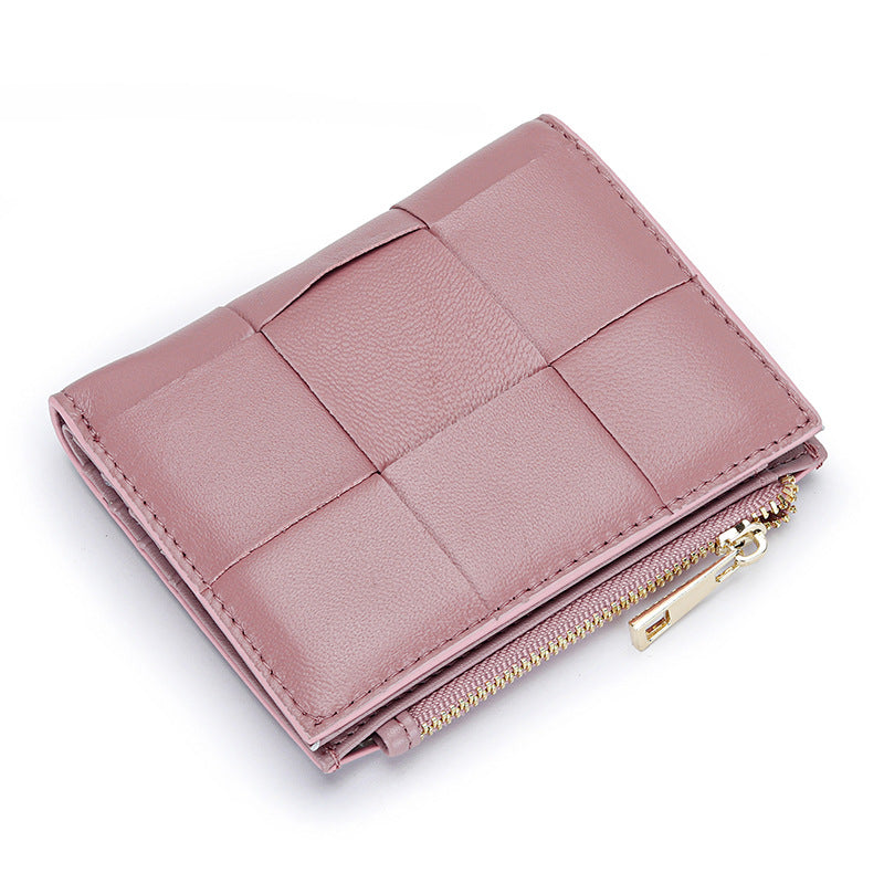 Women's Short Sheepskin Woven Fashion Folding Multifunctional Ladies Wallets