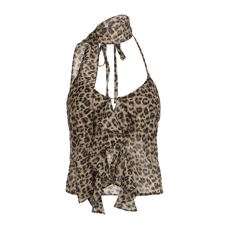 Hot Sexy Leopard Print Scarf Ruffled Spaghetti Tops