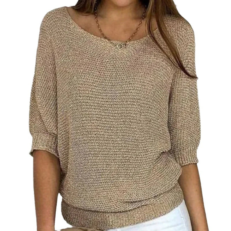 Women's Spring Solid Color Round Neck Commuter Elegant Cropped Sleeves Knitwear