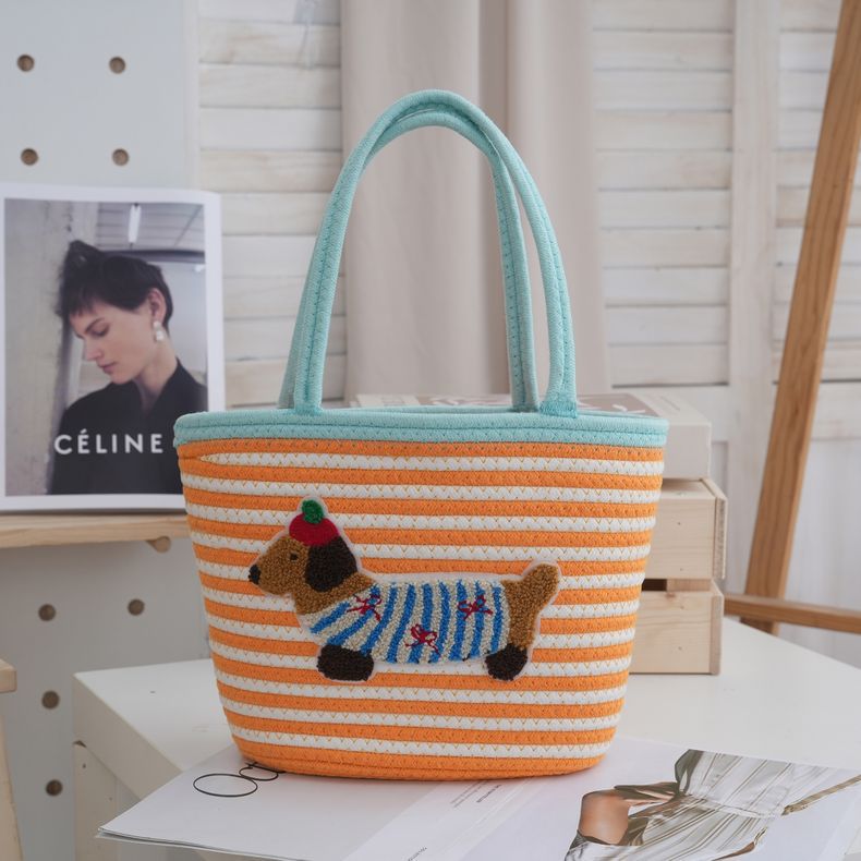 Women's Cotton String Woven Large Capacity Totes Cartoon Sausage Dog Women's Handbag
