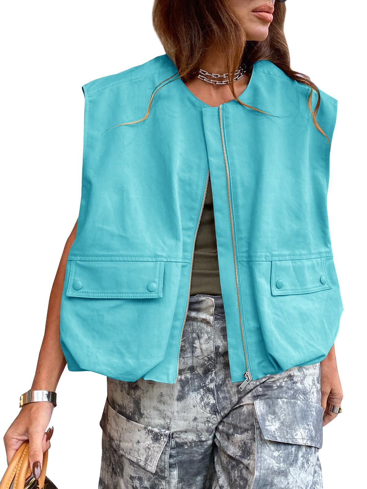 Women's Sleeveless Pocket Loose-fitting Waistcoat Solid Color Cardigans