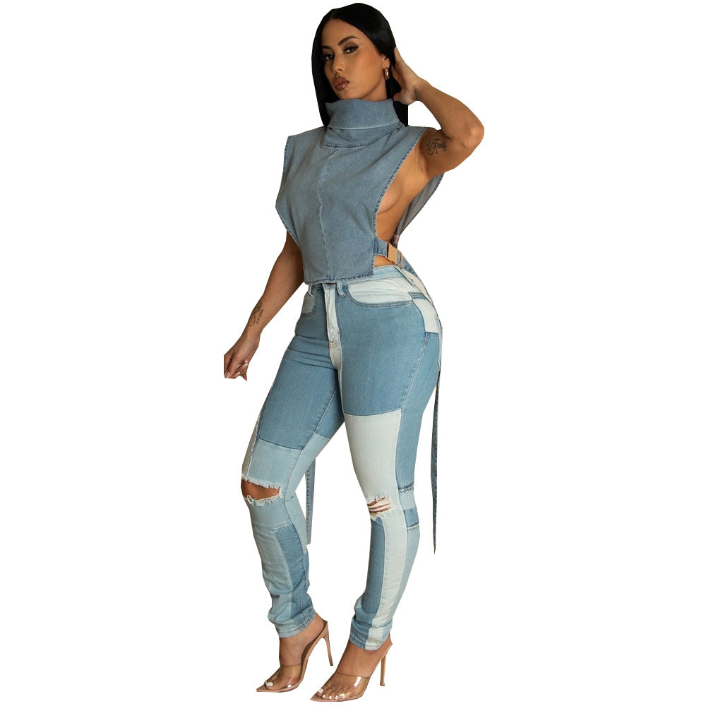 Women's Denim Washed Pile Collar Sleeveless For Vests