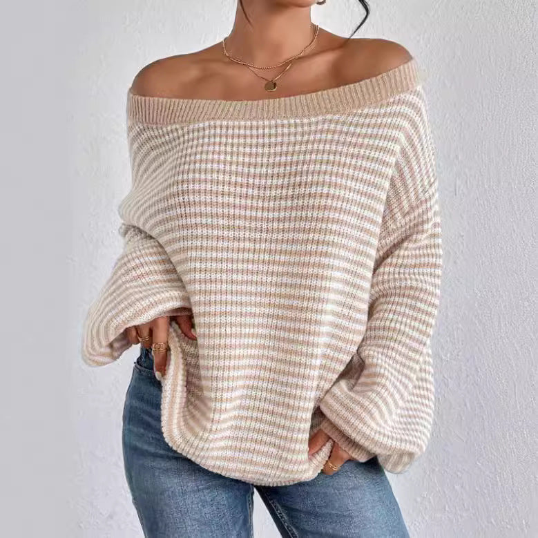 Women's Contrast Color Striped Lantern Sleeve Sweaters