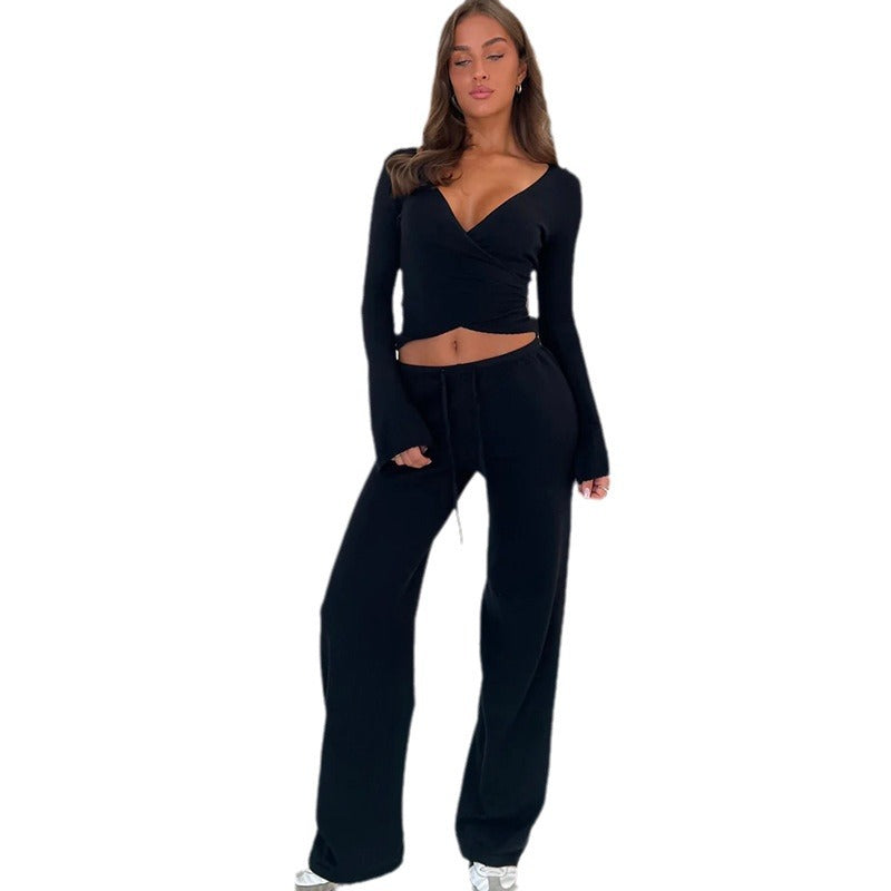 Basic Long Sleeve High Waist Drawstring Suits