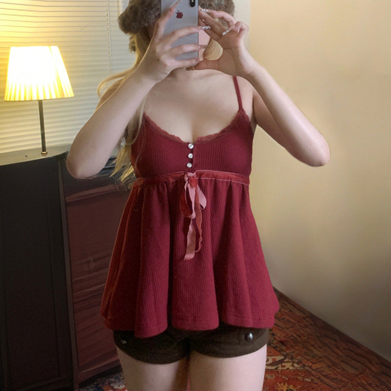 Waffle Red Square Collar Doll Suspender Tops