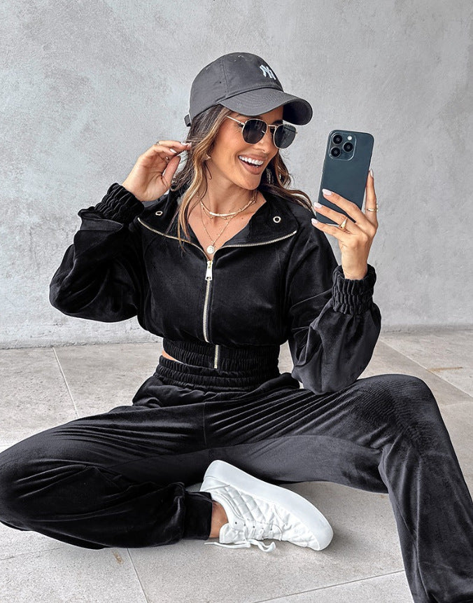 Women's Fashion Casual Zipper Fastener Decoration Veet Suits