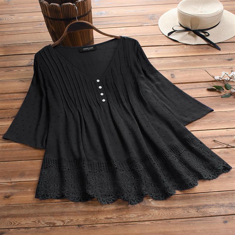 Women's Summer Jacquard Pleated Lace Hollow Out Blouses
