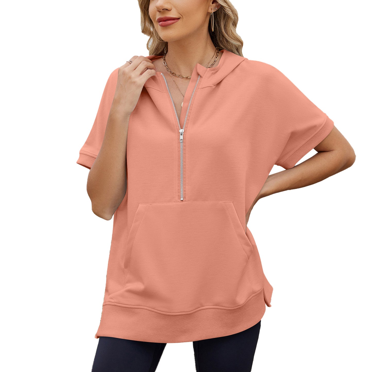 Hooded Loose Sleeve Zipper Pocket Thin Sweaters