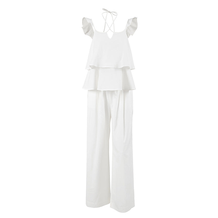 Women's Linen Sexy Flying Sleeves Backless High Waist Suits